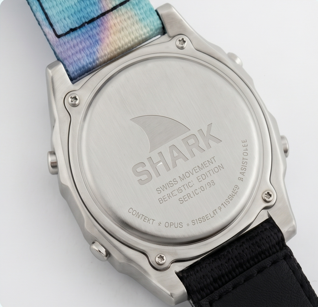 Shark watch case back macro